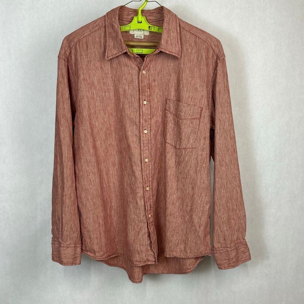 J. Crew Men’s Button Front Shirt Sz XL Linen Cotton Blend Red Stripe Long Sleeve